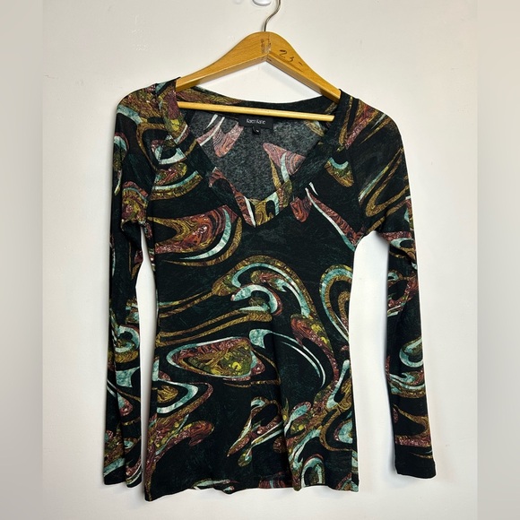 Vintage y2K Karen Kane Top Blouse M Stretch Artsy Long Sleeve waves bee fabric - Picture 1 of 11